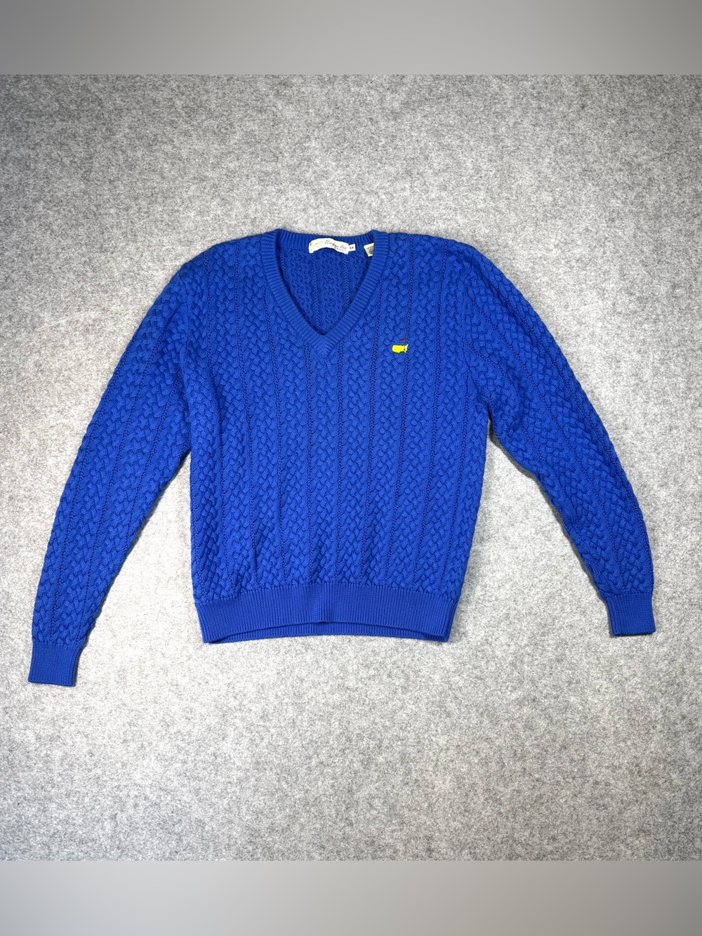 Magnolia Lane Masters Blue V-Neck Cable Knit Sweater Vintage Augusta Golf Sporty